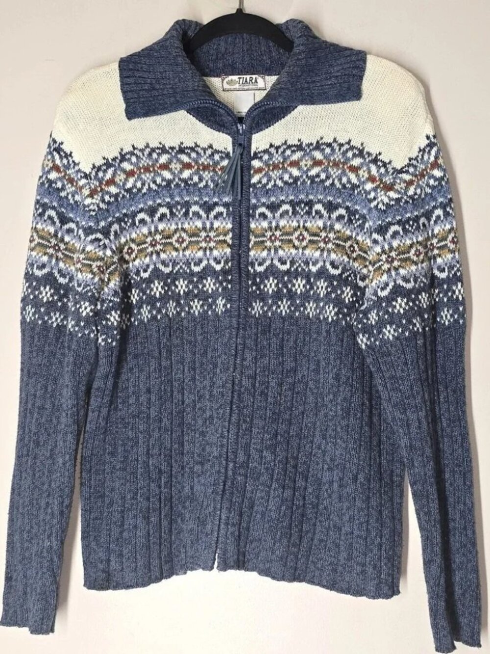 Vintage TIARA Fair Isle Zip Up Cozy Cardigan‎ Sweater Nordic Knit Size L